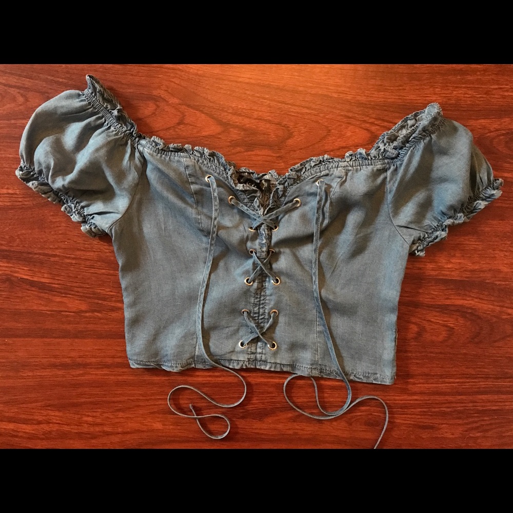 Lace Up Chambray Off the Shoulder Crop Top